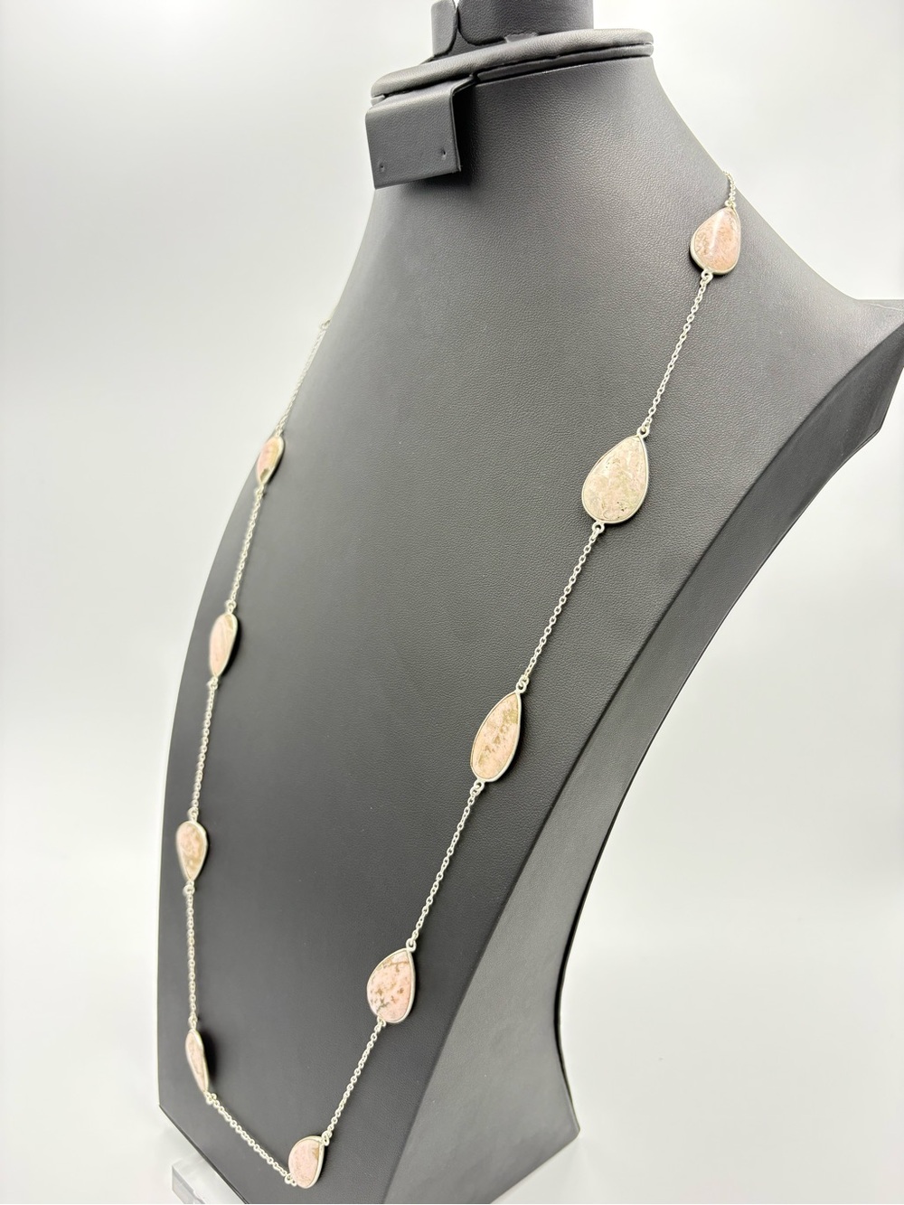 Sterling Silver Chain Necklace with Rhodonite Gemstones Long 34”